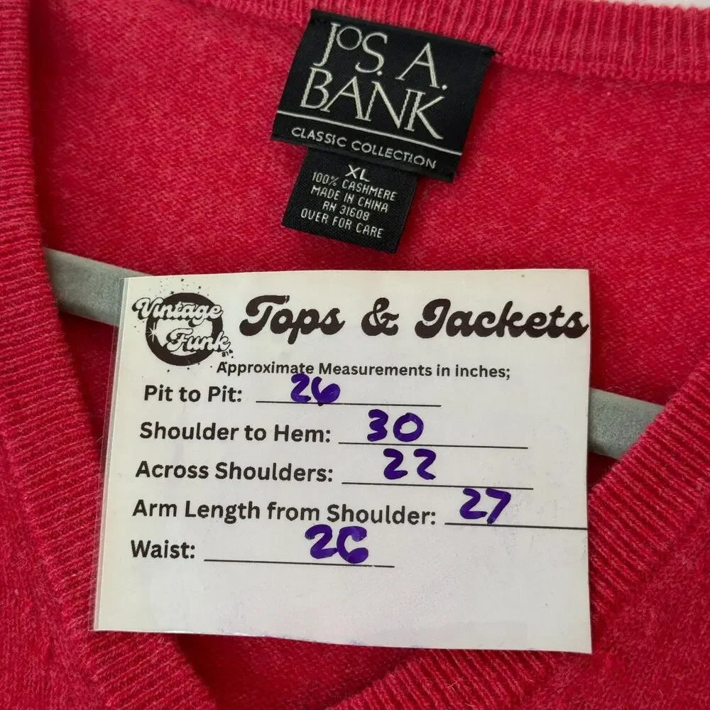 JOS A BANK Men's 100% Cashmere Bright Red V Neck Pullover Sweater Holiday Sz XL